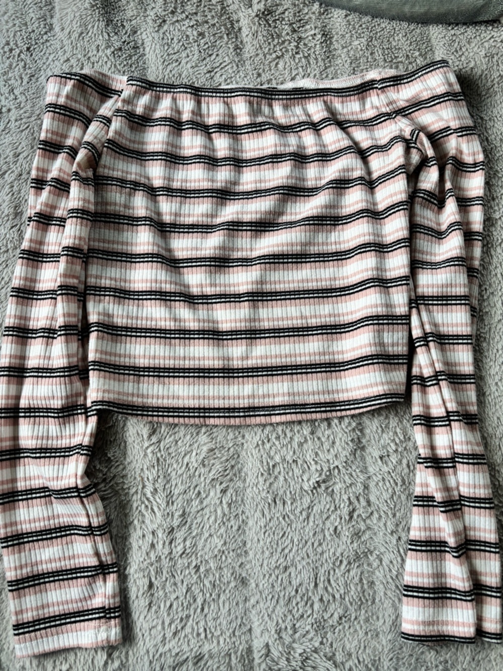 SHEIN Pink and Black Striped Off-Shoulder Crop Top